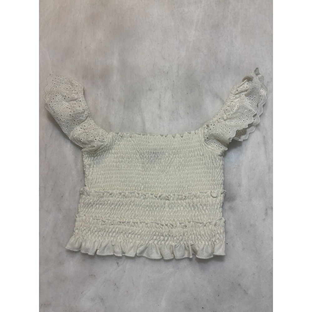 Blue Blush Off Shoulder Smocked Crop Top Eyelet Flutter Sleeve White Size S